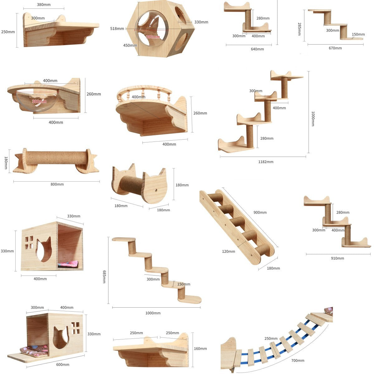 Wall Mounted Cat Climbing Shelf Set – Solid Wood Cat Wall Furniture with Platforms & Ladder, Space-Saving Cat Playground