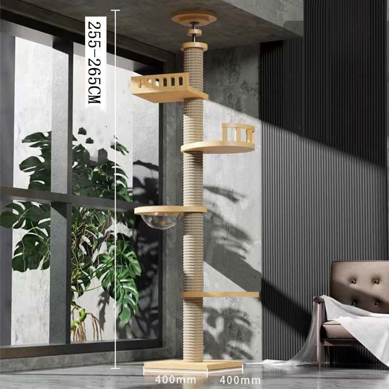 Solid Wood Cat Climbing Tower – Durable Vertical Cat Tree with Scratching Column & Interactive Toy for Indoor Cats