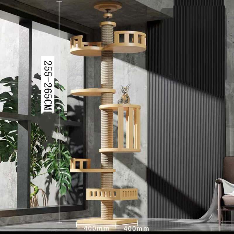 Solid Wood Cat Climbing Tower – Durable Vertical Cat Tree with Scratching Column & Interactive Toy for Indoor Cats