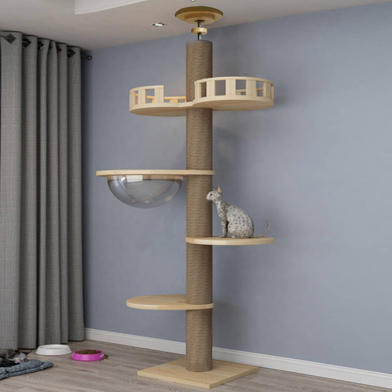 Solid Wood Cat Climbing Tower – Durable Vertical Cat Tree with Scratching Column & Interactive Toy for Indoor Cats