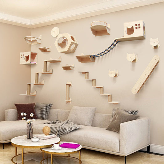 Wall Mounted Cat Climbing Shelf Set – Solid Wood Cat Wall Furniture with Platforms & Ladder, Space-Saving Cat Playground