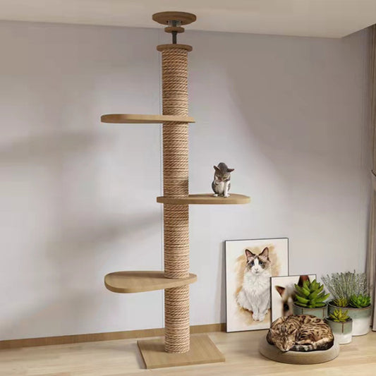 Solid Wood Cat Climbing Tower – Durable Vertical Cat Tree with Scratching Column & Interactive Toy for Indoor Cats