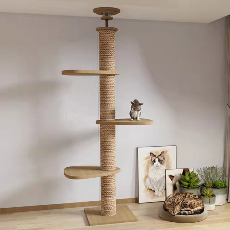 Solid Wood Cat Climbing Tower – Durable Vertical Cat Tree with Scratching Column & Interactive Toy for Indoor Cats