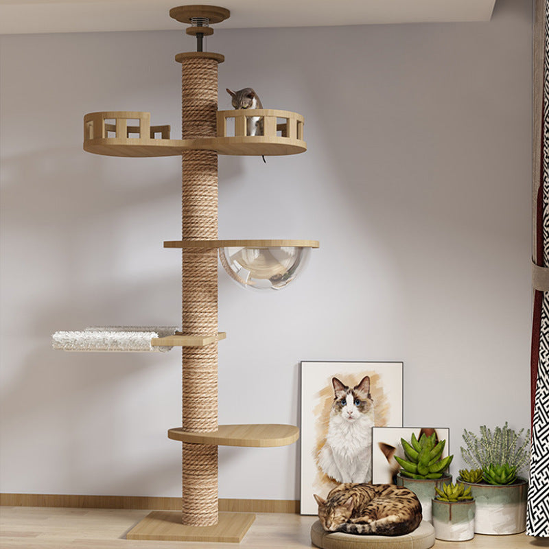 Solid Wood Cat Climbing Tower – Durable Vertical Cat Tree with Scratching Column & Interactive Toy for Indoor Cats